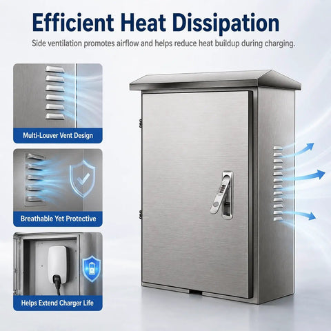 Lockable EV Charger Box Featuring 304 Stainless Steel For All Weather Outdoor Protection And Secure Electric Vehicle Charging With A Knockout Brushed Finish. Side vent design promotes heat dissipation.