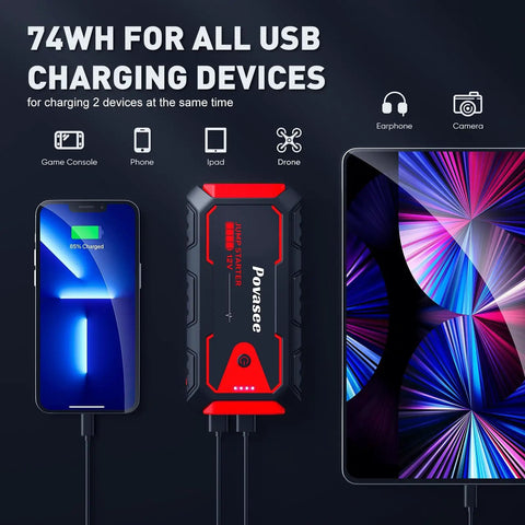 5000A Car Jump Starter A30 12V Jump Box Portable Power Bank With Dual Outputs LED Light next to charging devices