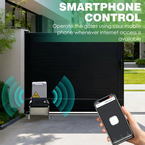Smartphone controlling Beefy 750W Automatic Sliding Gate Opener Kit With App Control And Four Remotes, gate in residential area