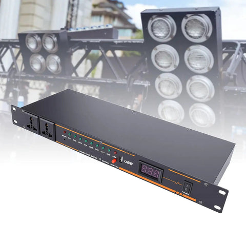 Heavy Duty 10 Outlet Power Sequencer Conditioner With Bright Digital Display, showing USB and power buttons, for studio use.