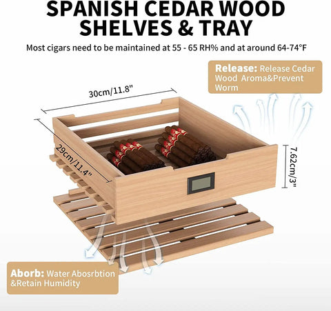 Spanish cedar shelves and tray for 48L Electric Cigar Humidor Cabinet, shown with cigars, illustrating size and humidity control benefits.