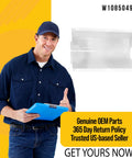 Refrigerator Ice Container Replacement Bin W10850492 with a person holding a clipboard, OEM parts and return policy highlighted