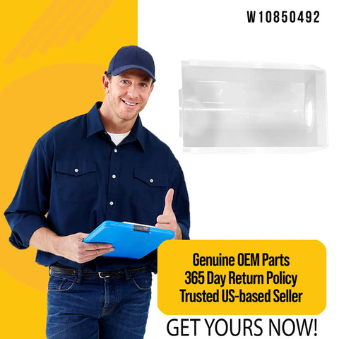 Refrigerator Ice Container Replacement Bin W10850492 with a person holding a clipboard, OEM parts and return policy highlighted