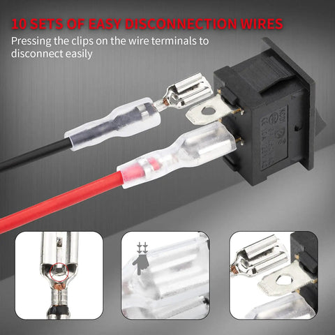 Close-up of Mini 12V 20A SPST Rocker Switch with pre-wired terminals, nylon body, two-pin connection for automotive projects.