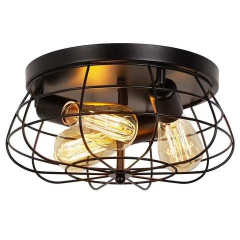 Dope Farmhouse Flush Mount Ceiling Light With Industrial Metal Cage Shade, 3 Light Black Finish for kitchen and living room.