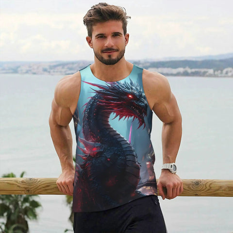 Rock Solid Black Mechanical Dragon Print Workout Tank Top For Men, Sweat Wicking Sleeveless Muscle Tee, Lightweight Quick Dry Gym Shirt Built For Heavy Lifting And Maximum Drip On The Daily Grind