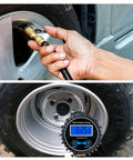 All In One Digital Tire Inflator With Gauge And Bleed Valve, 250 PSI Capacity showing use on car tire and close-up of gauge display