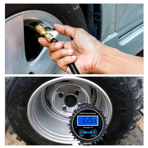 All In One Digital Tire Inflator With Gauge And Bleed Valve, 250 PSI Capacity showing use on car tire and close-up of gauge display