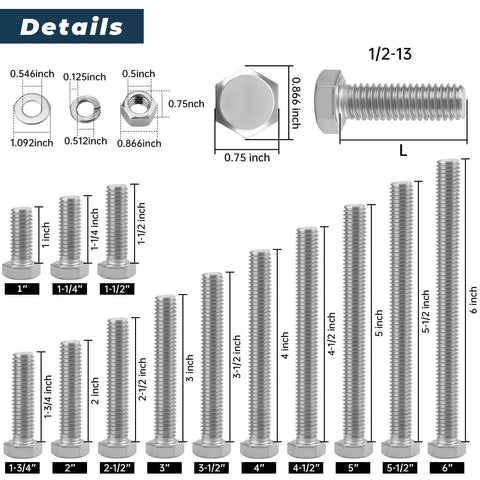 Diagram showing dimensions of 4 Sets Of One Half Inch 13 TPI 3 Inch Stainless Steel Hex Head Screws Bolts With Nuts Flat And Lock Washers