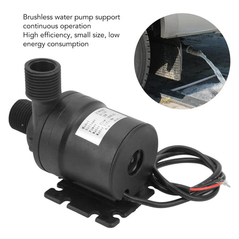 Ultra Quiet Brushless Water Pump 12V DC 30W Submersible And IP68 Waterproof Delivers 1000 GPH Flow With An 8ft Lift For Fountains Aquariums Hydroponics Freshwater RV Systems Quiet Indoor Water Feature, shown with small black design and labeled description.