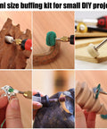 Collage showcasing 140 Piece Polishing Kit for Rotary Tools with buffing wheels on various materials.