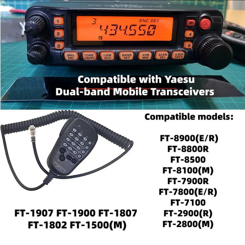 Beefy Handheld Mic With Button For Yaesu Dual Band Mobile Radios, 6-Pin Plug-In Speaker Microphone With PTT shown with transceiver