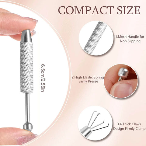 Image of 2 Pack Piercing Ball Grabber Tool For Changing Jewelry, Stainless Steel Flat Back Earring Applicator with anti-slip handle and four claws.