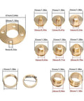 11 Piece Brass Router Template Bushing Guide Set With Heavy Duty Carry Case For Precision Woodworking Jigs Featuring Tough As Nails Durability And No Sweat Routing showing various brass bushings with measurements.