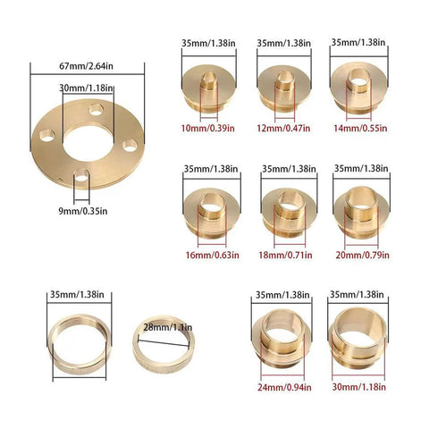 Heavy Duty 11 Piece Brass Router Template Bushing Guide Set With Durable Carry Case showing various brass rings and sizes.