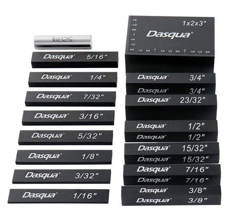 Fifteen Piece Inch Precision Setup Blocks Set From One Sixteenth To Three Quarters Inch Aluminum Black Anodized Pro Grade With One Two Three Block For Fence And Gauge Setup displayed in fitted case