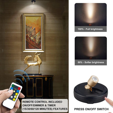 Wireless LED Spotlight Battery Powered Picture Light With Remote for Wall Art Display above a cabinet with remote control