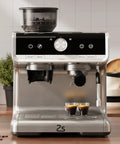 Professional Twenty Bar Espresso Machine With Integrated Grinder And PID Temperature Control brews espresso shots with two cups.