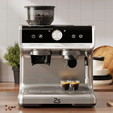 Professional Twenty Bar Espresso Machine With Integrated Grinder And PID Temperature Control brews espresso shots with two cups.