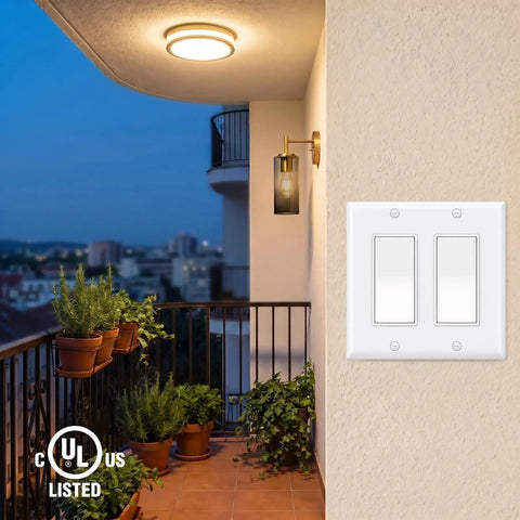 Two Single Pole Rocker Switches With 2 Gang Decora Wall Plate Set, Easy Install Kit With Screws, Fits Standard Electrical Boxes, UL And CUL Certified For Safety, Dope Home Upgrade For Quick, Clean, Modern Switch Panel on balcony wall