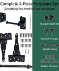 Heavy Duty Gate Hardware Kit With 8 Inch T Strap Hinges And Gravity Gate Latch Plus Self Closing Spring set with screws and brackets.