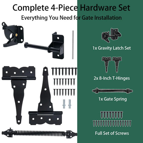 Heavy Duty Gate Hardware Kit With 8 Inch T Strap Hinges And Gravity Gate Latch Plus Self Closing Spring set with screws and brackets.