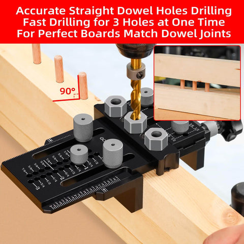 Dowel Jig Kit With Quick Positive Stop And Clamp, Adjustable Doweling Jig creating precise dowel holes in wood at 90 degrees.