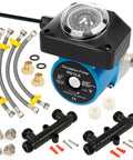 Heavy Duty Hot Water Recirculating Pump Kit For Tank Water Heaters Featuring Programmable Timer And Two Sturdy Brass Bypass Valves, blue pump with hoses and fittings.