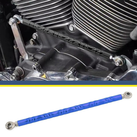 Adjustable Shift Linkage Rod For 1986 And Up Touring Softail Trike Ride Ready Fits Road King Road Glide Street Glide Electra Glide FXLRS Fat Boy Breakout Night Train Blue, blue anodized metal, installed on Harley engine
