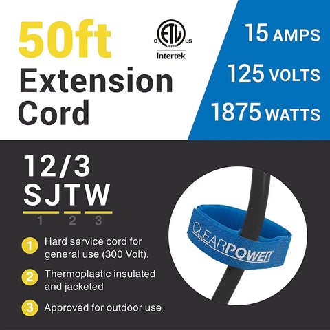 50ft extension cord details including 15 amps, 125 volts, suitable for outdoor use, Close-up of ClearPower label on the cord.