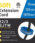 Hi Vis Blue 100 Ft Heavy Duty Outdoor Extension Cord 12/3 SJTW With Lighted Connector Water And Weather Resistant graphic