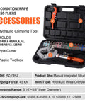 Open plastic toolbox with Heavy Duty Hydraulic AC Hose Crimper Kit, seven dies, and pipe cutter for automotive HVAC systems.