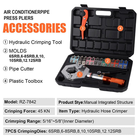Open plastic toolbox with Heavy Duty Hydraulic AC Hose Crimper Kit, seven dies, and pipe cutter for automotive HVAC systems.