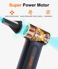 Rechargeable Electric Air Duster With 150000 RPM Turbo Power showing blue airflow from nozzle and internal motor components.