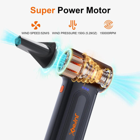 Rechargeable Electric Air Duster With 150000 RPM Turbo Power showing blue airflow from nozzle and internal motor components.