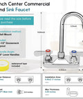 Diagram of Leak Free Commercial Hand Sink Faucet with 4 Inch Center Wall Mount, 3-1/2 Inch Gooseneck Spout, Dual Lever Handles.