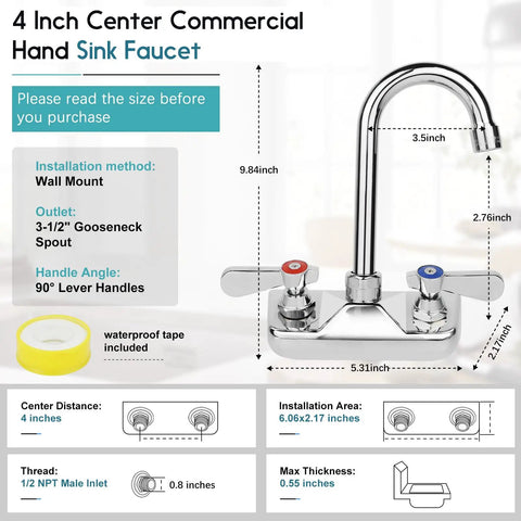 Diagram of Leak Free Commercial Hand Sink Faucet with 4 Inch Center Wall Mount, 3-1/2 Inch Gooseneck Spout, Dual Lever Handles.