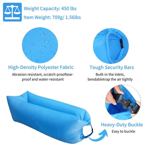Blue Inflatable Lounger Air Sofa Hammock For Outdoors Camping Beach And Festivals Portable Waterproof Couch with buckle close-up