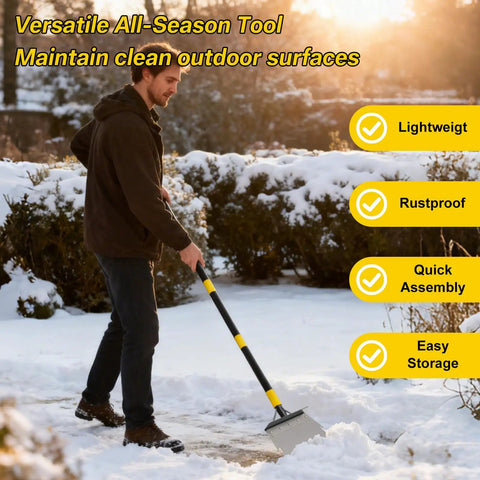 Man using Heavy Duty Flat Shovel Ice Scraper for Winter Cleanup on snowy driveway