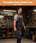 Person holding portable hard-shell case with All In One 6 In 1 Crimping Tool Kit With Quick Change 6 Dies for wiring tasks in a workshop.