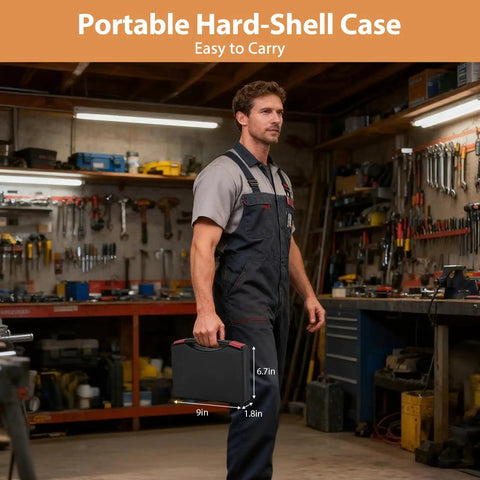 Person holding portable hard-shell case with All In One 6 In 1 Crimping Tool Kit With Quick Change 6 Dies for wiring tasks in a workshop.