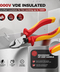 Insulated Cable Cutters 6 Inch Pro Grade 1000V VDE Rated CrV Wire Cutters For Electricians Safe On Live Wires Easy To Use For Pros With Clean Precise Cuts For Panels And Wiring Installations, red and yellow ergonomic handles