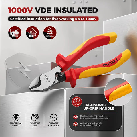 Insulated Cable Cutters 6 Inch Pro Grade 1000V VDE Rated CrV Wire Cutters For Electricians Safe On Live Wires Easy To Use For Pros With Clean Precise Cuts For Panels And Wiring Installations, red and yellow ergonomic handles