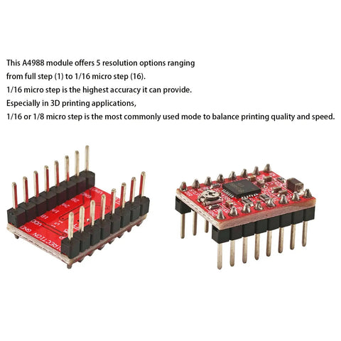 Two A4988 stepper motor driver modules with heatsinks, suitable for 3D printers, Arduino, CNC with full to 1/16 micro step resolution, front view.
