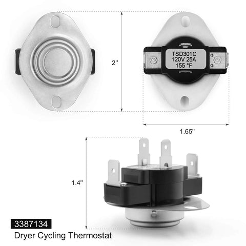 All In One Dryer Thermal Fuse Kit With High Limit And Cycling Thermostats For Whirlpool Kenmore Dryers, cycling thermostat dimensions