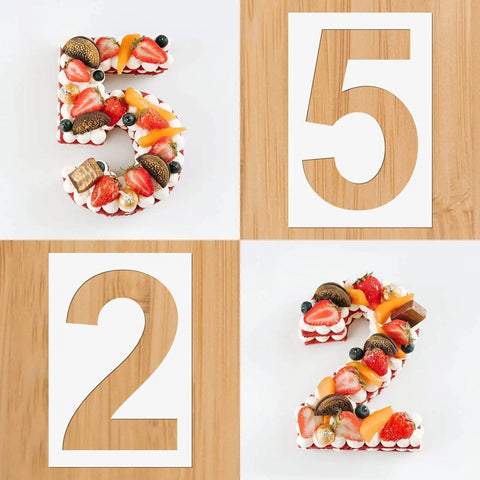 12 Inch Big Ol Number Stencils Set with stencil and cake decorated numbers 5 and 2, PET plastic, for decorating cake and DIY crafts.