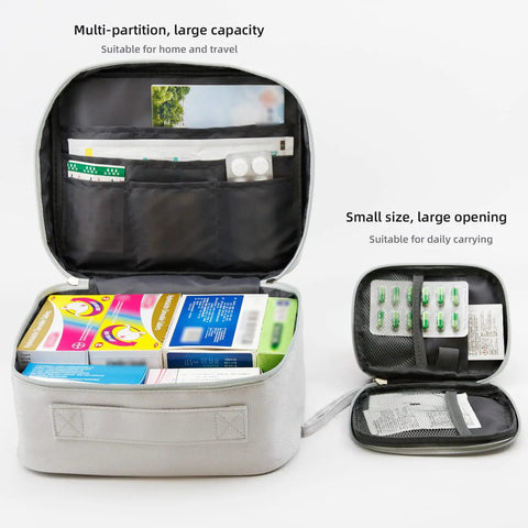 Two Pack Travel First Aid Kits With Multi Compartment Organizer Bags For Grab And Go Travel Storage Large And Small Medical Sets In Oxford Grey showing contents and open compartments