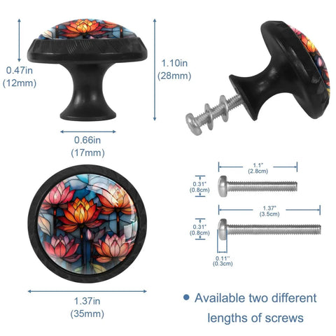 Hella Smooth Retro Lotus Cabinet Knobs Featuring Sweet Stained Glass Accents And Super Rust Resistant Metal Hardware For Bedroom Dressers Kitchen Cupboards 4 Pack, dimensions and screws included.