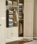 Hanging Closet Organizer 4 Tier With Detachable Fabric Bins And Collapsible Baskets in gray installed in bedroom closet.