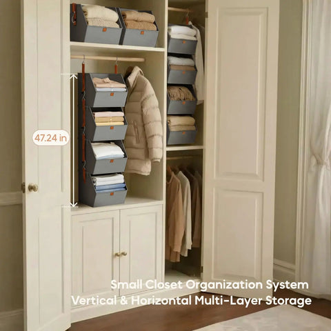 Hanging Closet Organizer 4 Tier With Detachable Fabric Bins And Collapsible Baskets in gray installed in bedroom closet.